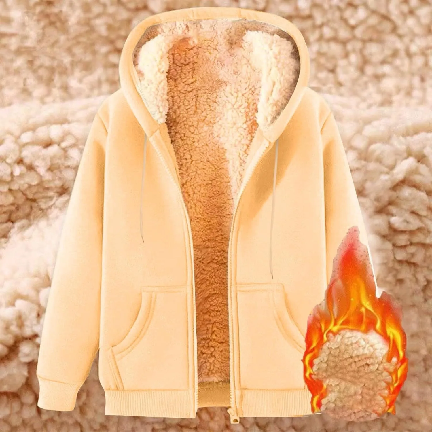 Unisex Women's Fleece Hoodie Jacket Cozy Sherpa Lined Zip Up Warm Hoodie Sweatshirt Winter Fluffy Sweater Hooded Coat
