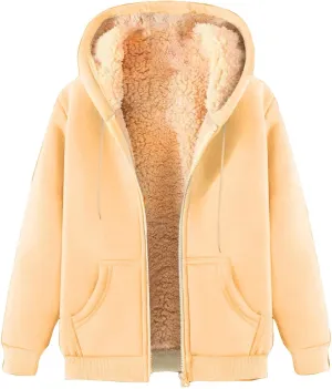 Unisex Women's Fleece Hoodie Jacket Cozy Sherpa Lined Zip Up Warm Hoodie Sweatshirt Winter Fluffy Sweater Hooded Coat