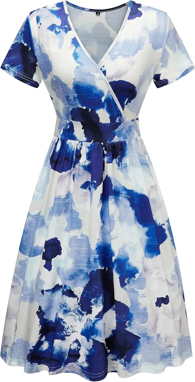 VOTEPRETTY Women's Short Sleeve V Neck Wrap Dress Summer Casual Floral Sundress with Pockets