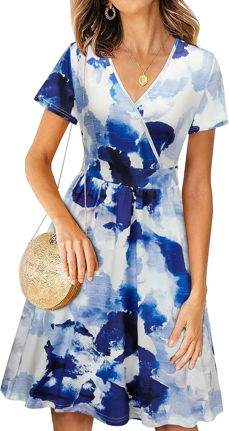 VOTEPRETTY Women's Short Sleeve V Neck Wrap Dress Summer Casual Floral Sundress with Pockets