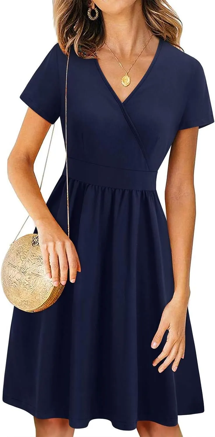 VOTEPRETTY Women's Short Sleeve V Neck Wrap Dress Summer Casual Floral Sundress with Pockets