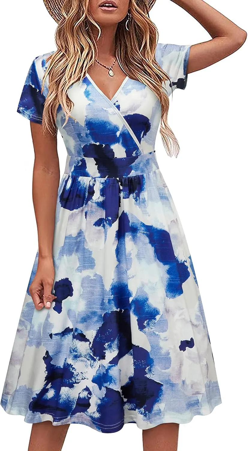 VOTEPRETTY Women's Short Sleeve V Neck Wrap Dress Summer Casual Floral Sundress with Pockets