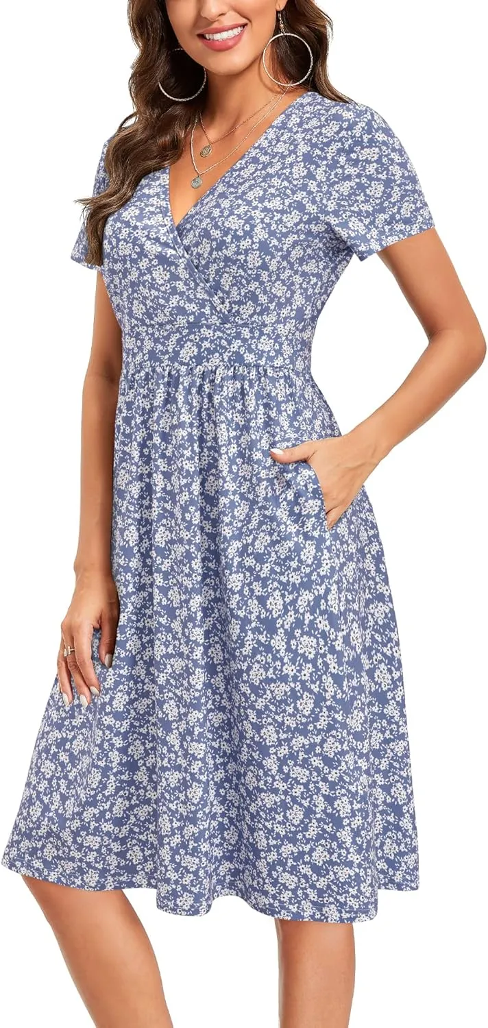 VOTEPRETTY Women's Short Sleeve V Neck Wrap Dress Summer Casual Floral Sundress with Pockets