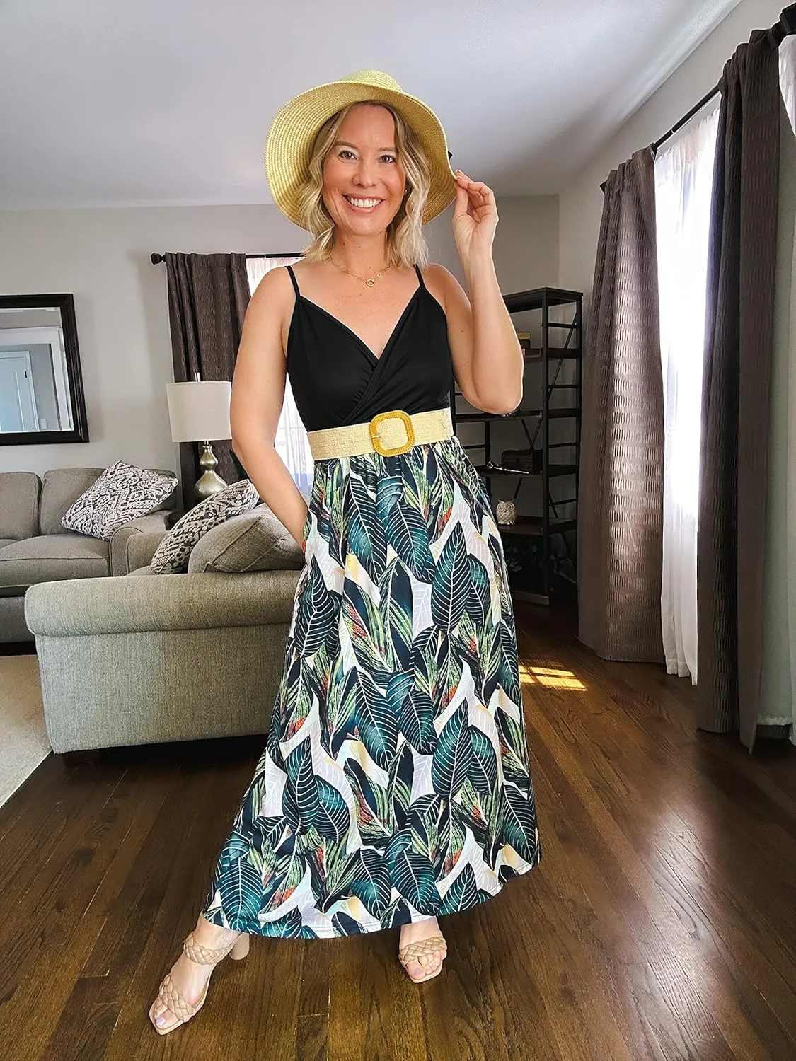 VOTEPRETTY Womens V Neck Wrap Spaghetti Strap Summer Casual Beach Floral Pockets Maxi Dress