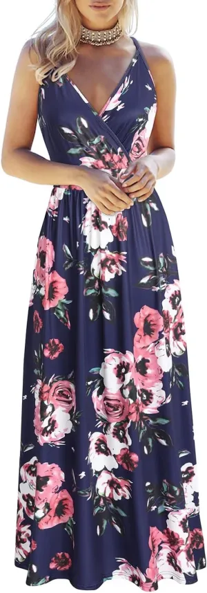 VOTEPRETTY Womens V Neck Wrap Spaghetti Strap Summer Casual Beach Floral Pockets Maxi Dress