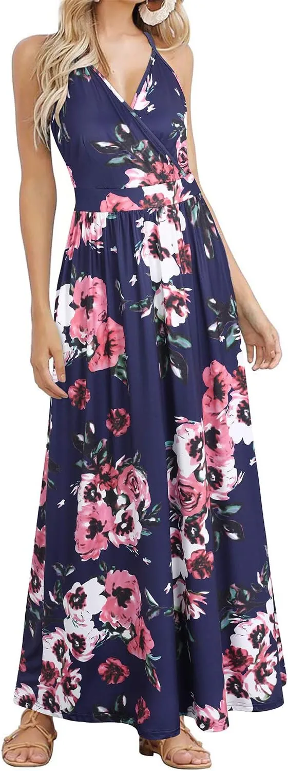 VOTEPRETTY Womens V Neck Wrap Spaghetti Strap Summer Casual Beach Floral Pockets Maxi Dress