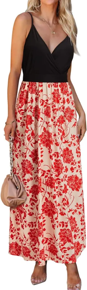VOTEPRETTY Womens V Neck Wrap Spaghetti Strap Summer Casual Beach Floral Pockets Maxi Dress