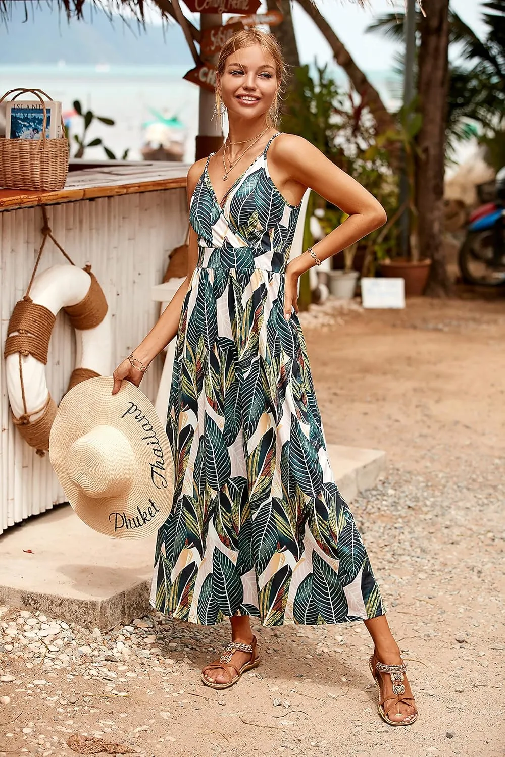 VOTEPRETTY Womens V Neck Wrap Spaghetti Strap Summer Casual Beach Floral Pockets Maxi Dress