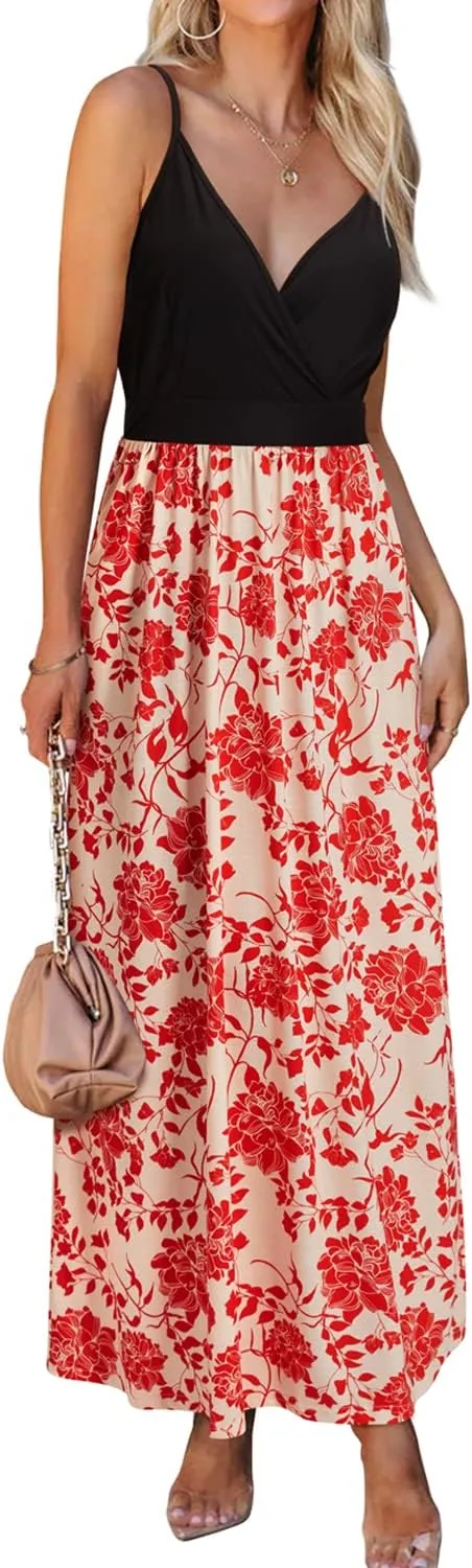 VOTEPRETTY Womens V Neck Wrap Spaghetti Strap Summer Casual Beach Floral Pockets Maxi Dress