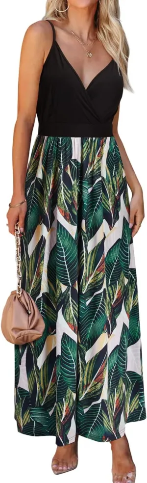 VOTEPRETTY Womens V Neck Wrap Spaghetti Strap Summer Casual Beach Floral Pockets Maxi Dress