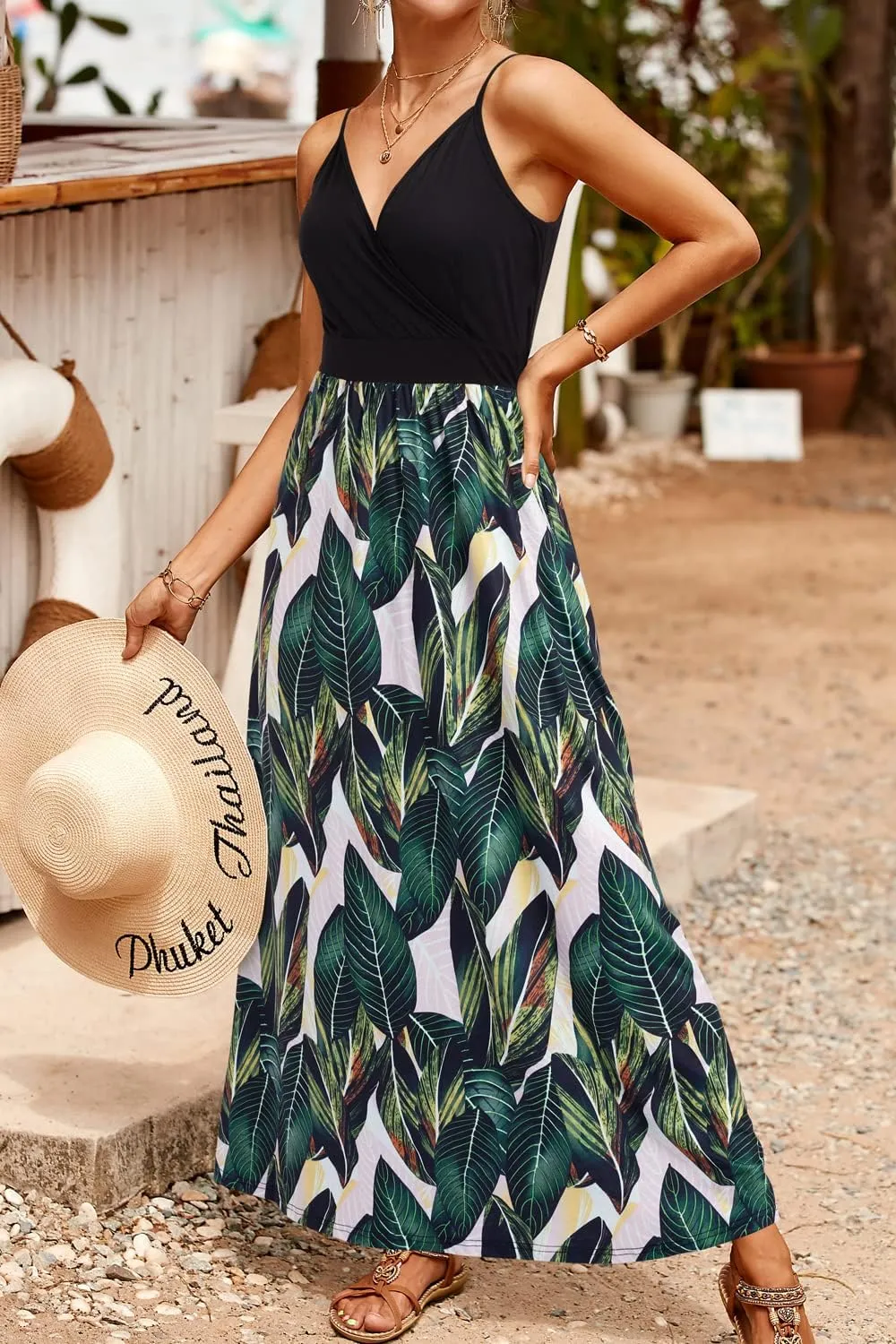 VOTEPRETTY Womens V Neck Wrap Spaghetti Strap Summer Casual Beach Floral Pockets Maxi Dress