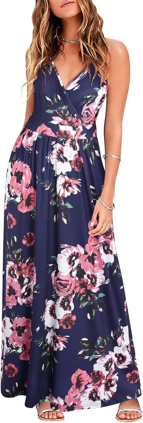 VOTEPRETTY Womens V Neck Wrap Spaghetti Strap Summer Casual Beach Floral Pockets Maxi Dress