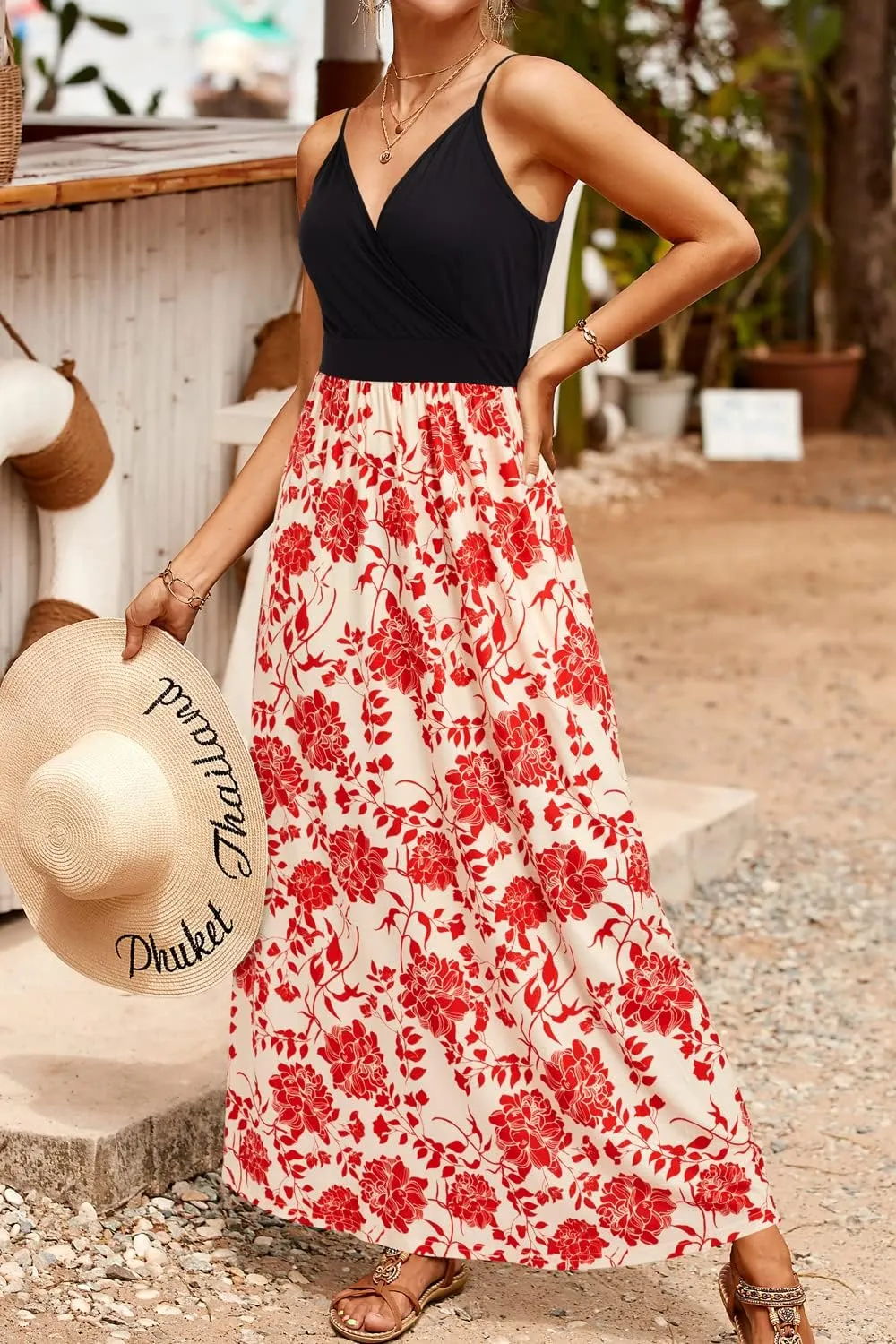 VOTEPRETTY Womens V Neck Wrap Spaghetti Strap Summer Casual Beach Floral Pockets Maxi Dress