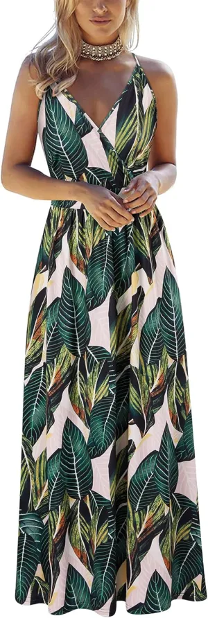 VOTEPRETTY Womens V Neck Wrap Spaghetti Strap Summer Casual Beach Floral Pockets Maxi Dress