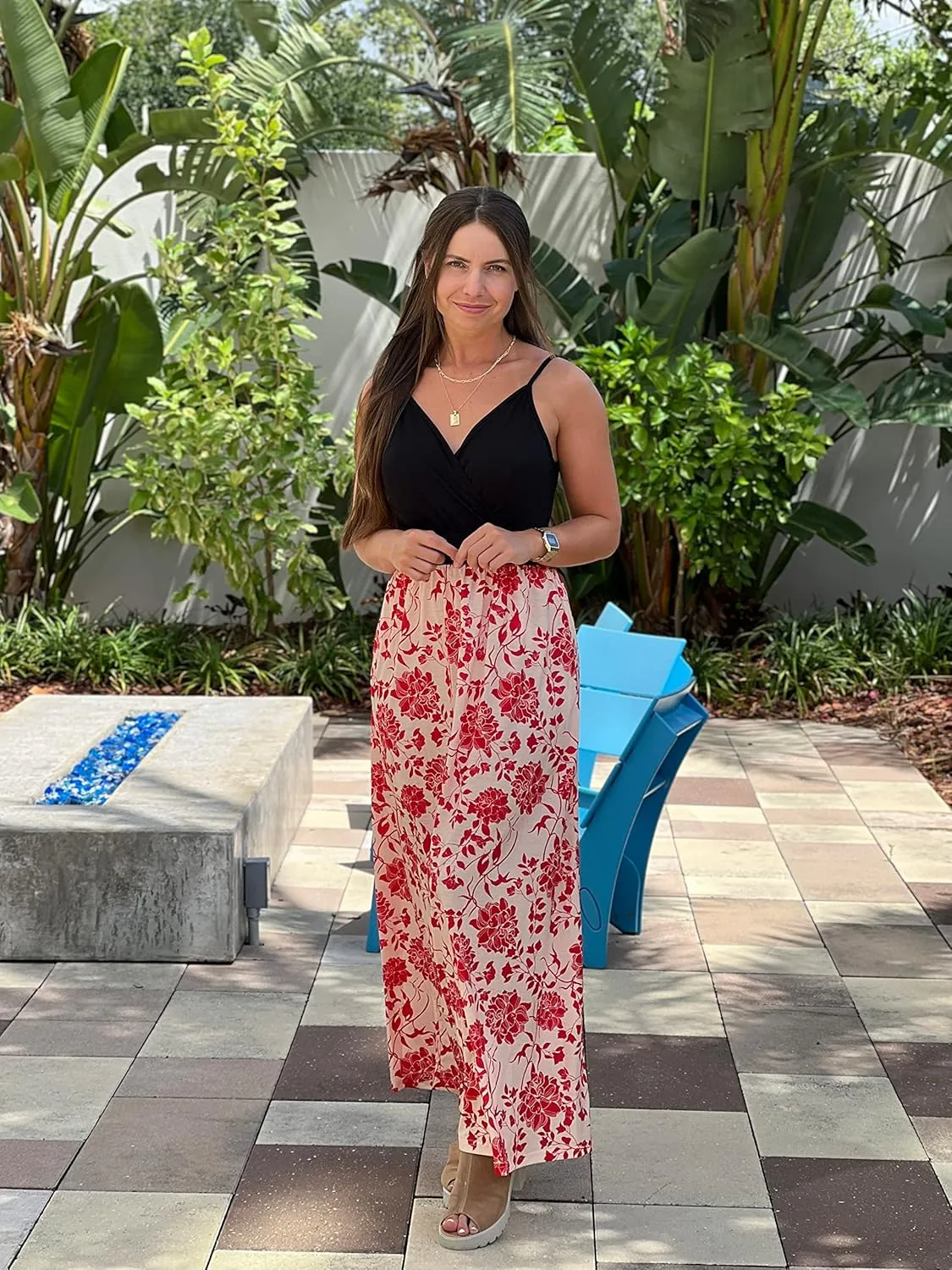 VOTEPRETTY Womens V Neck Wrap Spaghetti Strap Summer Casual Beach Floral Pockets Maxi Dress