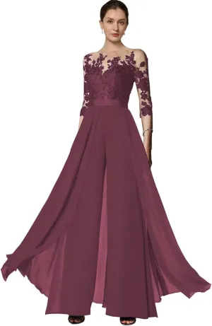 Wedding Guest Jumpsuits Lace Appliques Pantsuits Chiffon Mother of The Bride Outfit Sets Evening Party Gowns