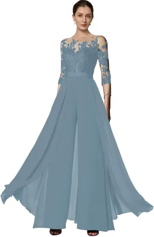 Wedding Guest Jumpsuits Lace Appliques Pantsuits Chiffon Mother of The Bride Outfit Sets Evening Party Gowns