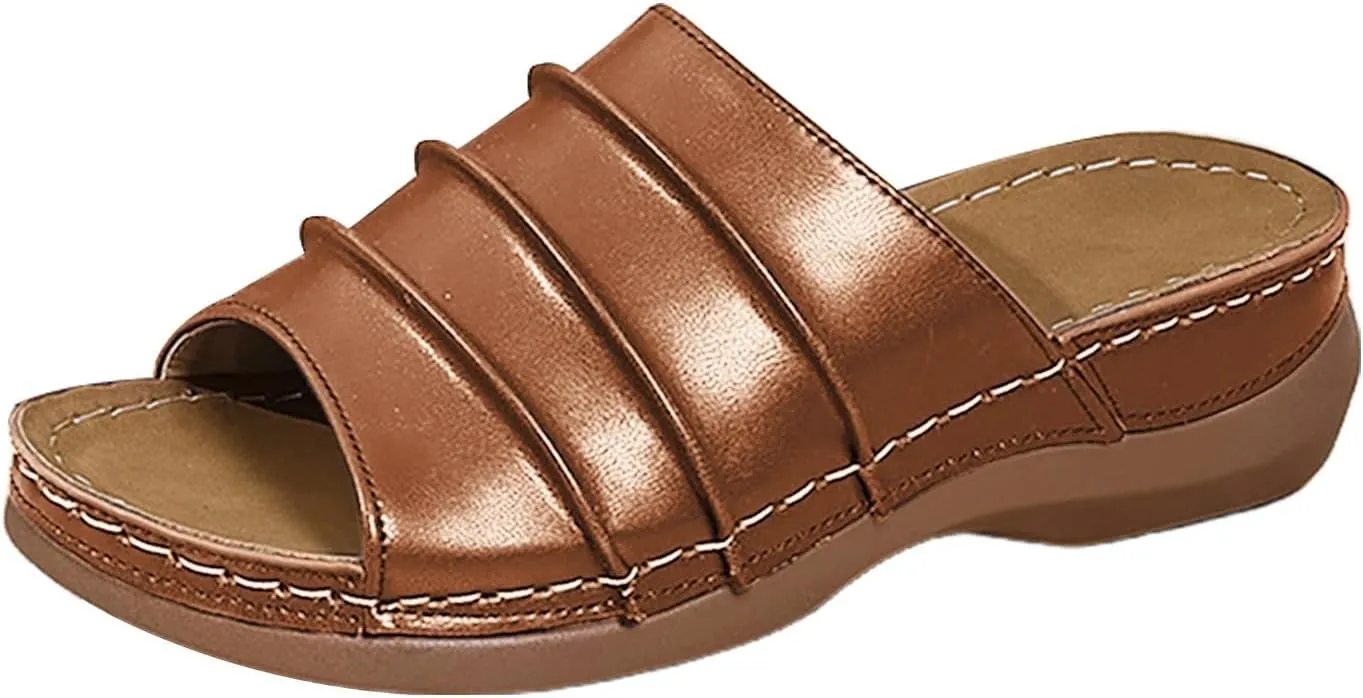 Wedge Sandals for Women Arch Support Comfortable Open Toe Orthopedic Sandals Summer Slip on Beach Slippers Leather Dressy House Slipper