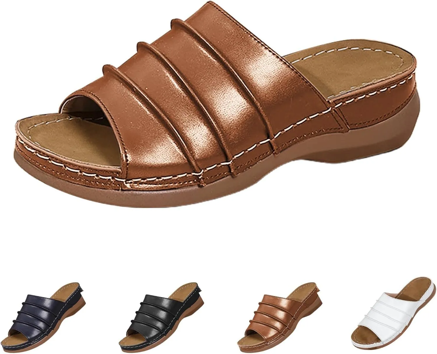 Wedge Sandals for Women Arch Support Comfortable Open Toe Orthopedic Sandals Summer Slip on Beach Slippers Leather Dressy House Slipper
