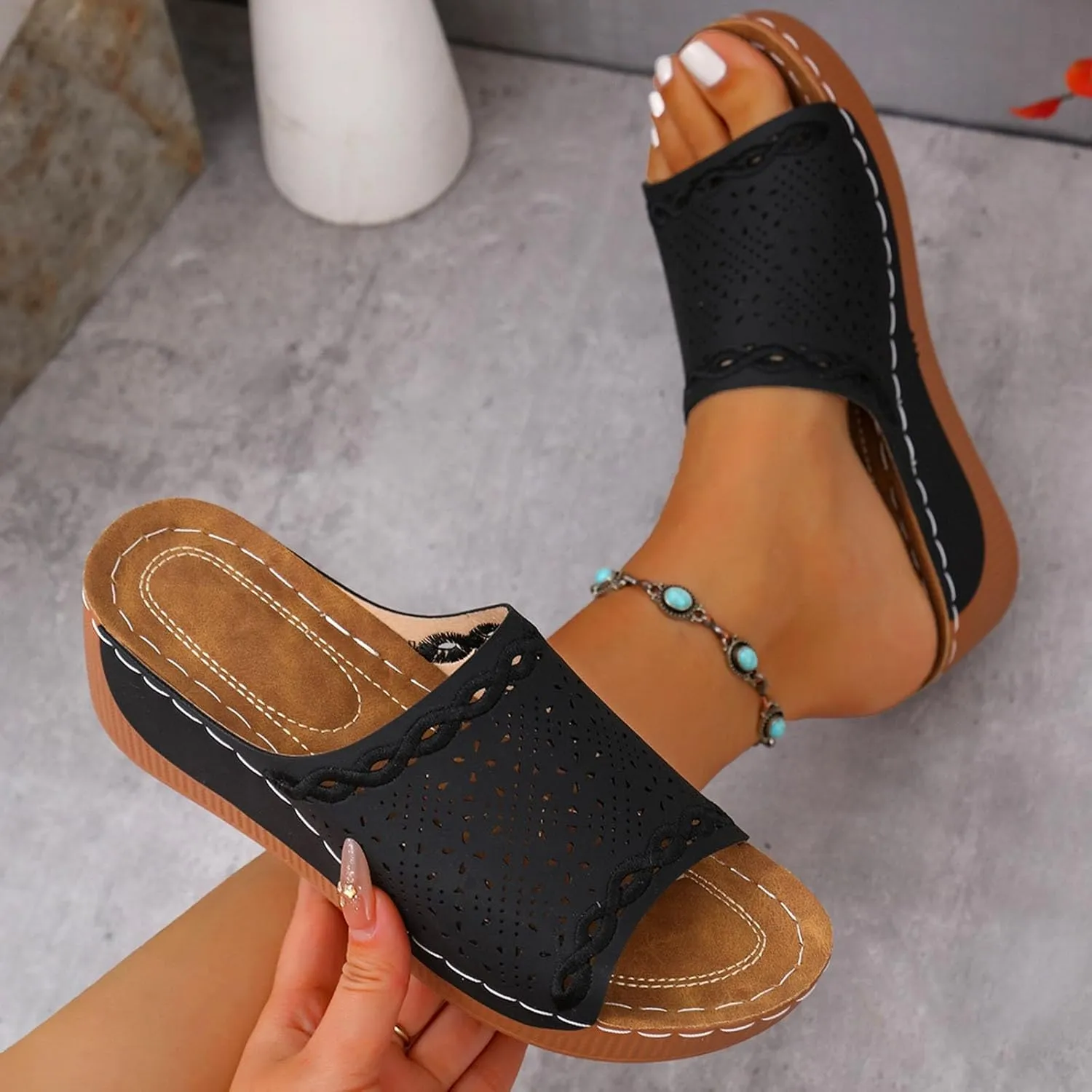 Wedge Sandals for Women Summer Casual Comfortable Arch Support Leather Slides Orthotic Slip On Walking Sandals Shoes