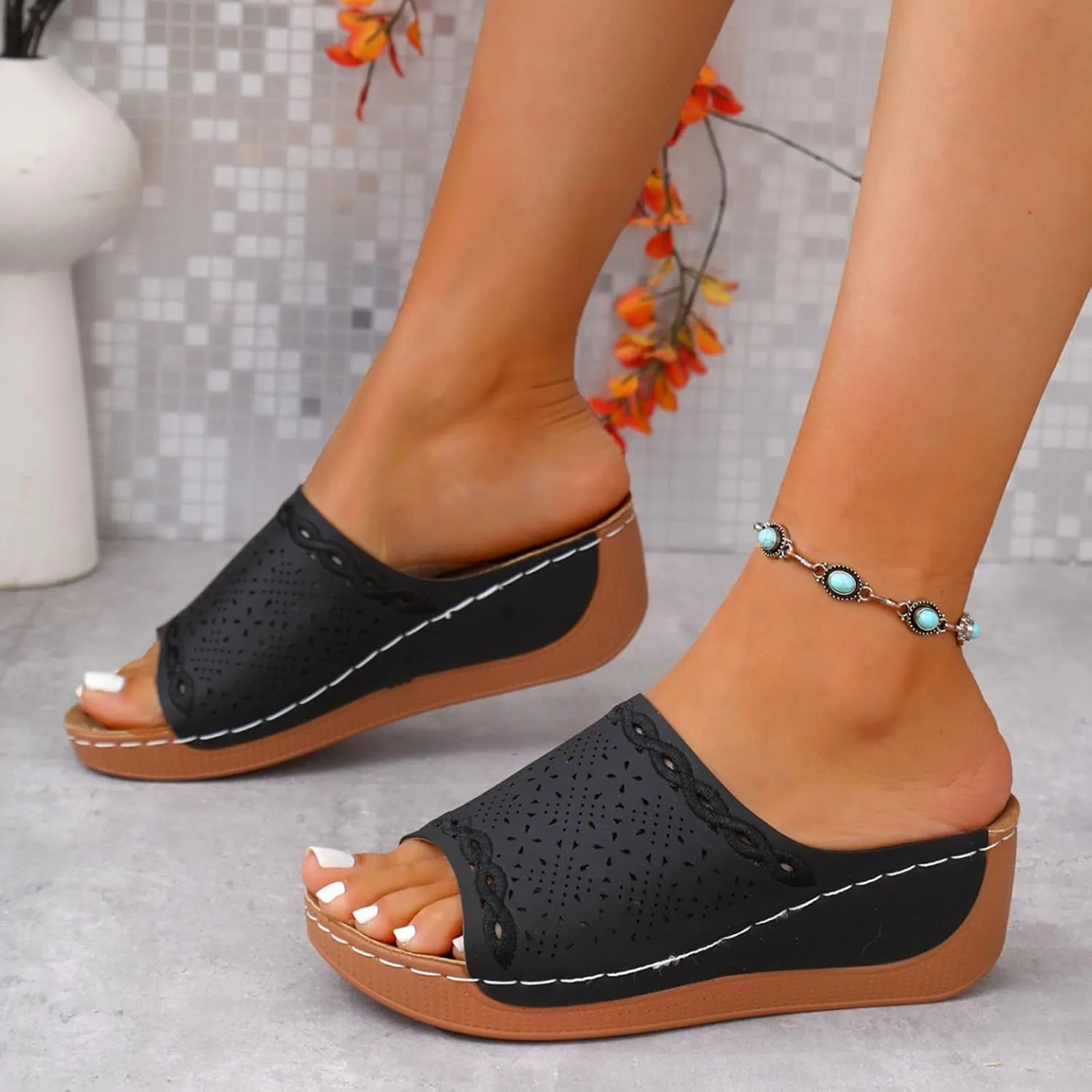 Wedge Sandals for Women Summer Casual Comfortable Arch Support Leather Slides Orthotic Slip On Walking Sandals Shoes