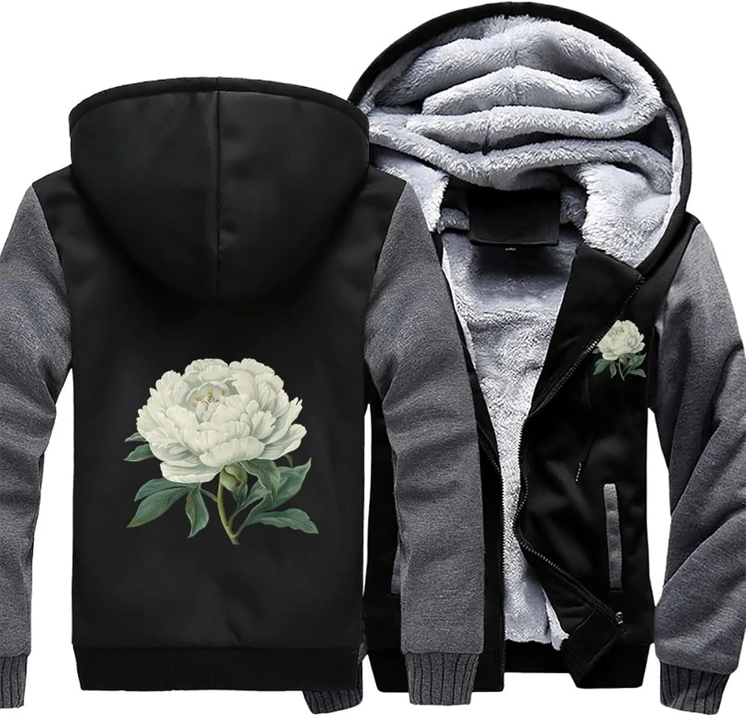 White Peony Flowers Men's Thick Hoodies Heavyweight Sweatshirt Fleece Warm Jackets