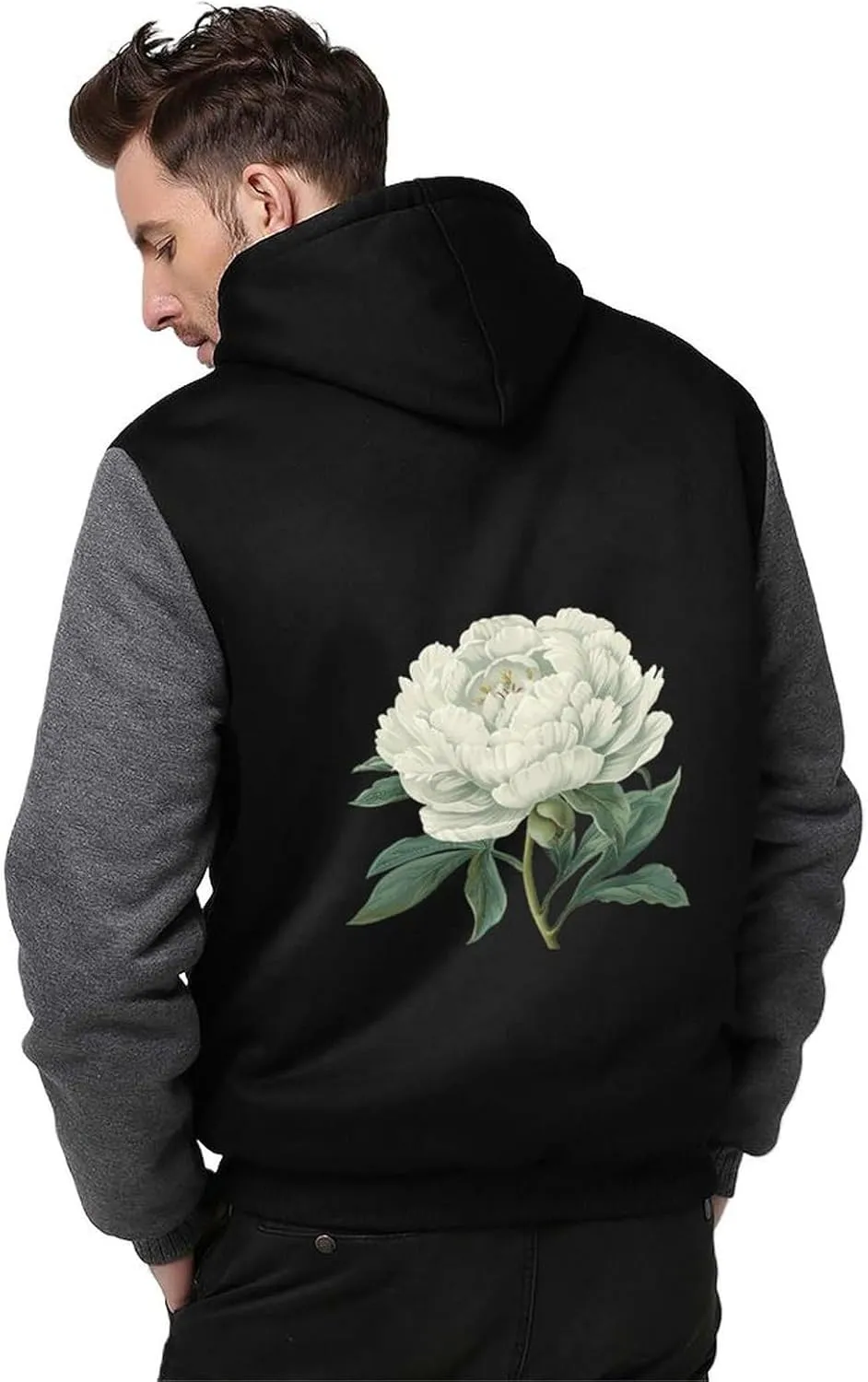 White Peony Flowers Men's Thick Hoodies Heavyweight Sweatshirt Fleece Warm Jackets