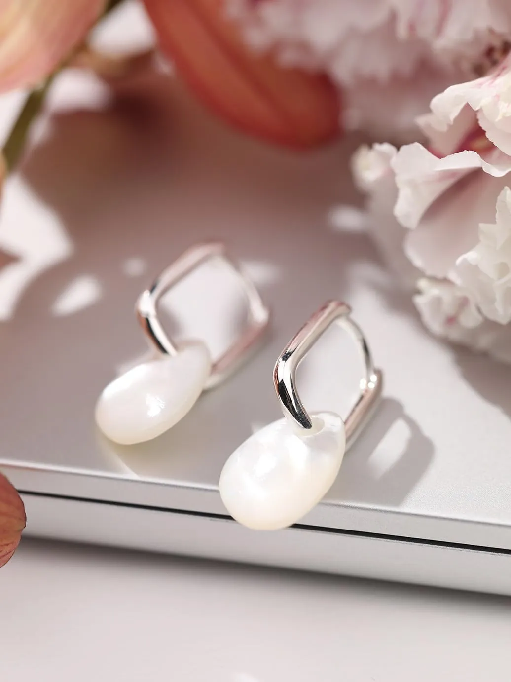 White Sea Shell Mother of Pearl Silver Stud and Dangle Hoop Earrings for Women - 925 Sterling Silver with White Gold Plating, Elegant and Unique, Wedding Jewelry for Brides Bridesmaid