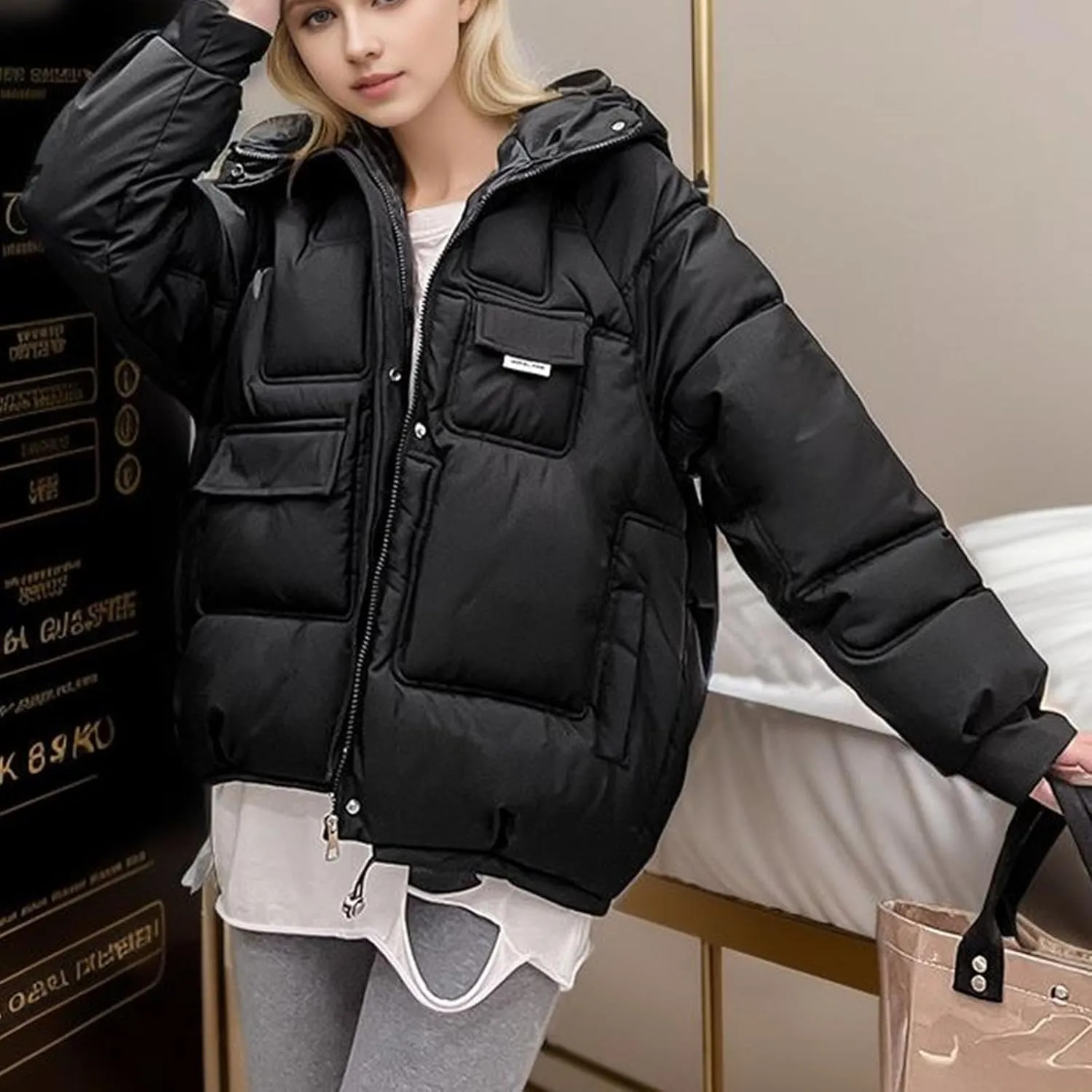 Winter Coats for Women Hooded Down Jacket Long Sleeve Full Zipper Preppy Quilted Parkas Short Puffer Jacket Outwear