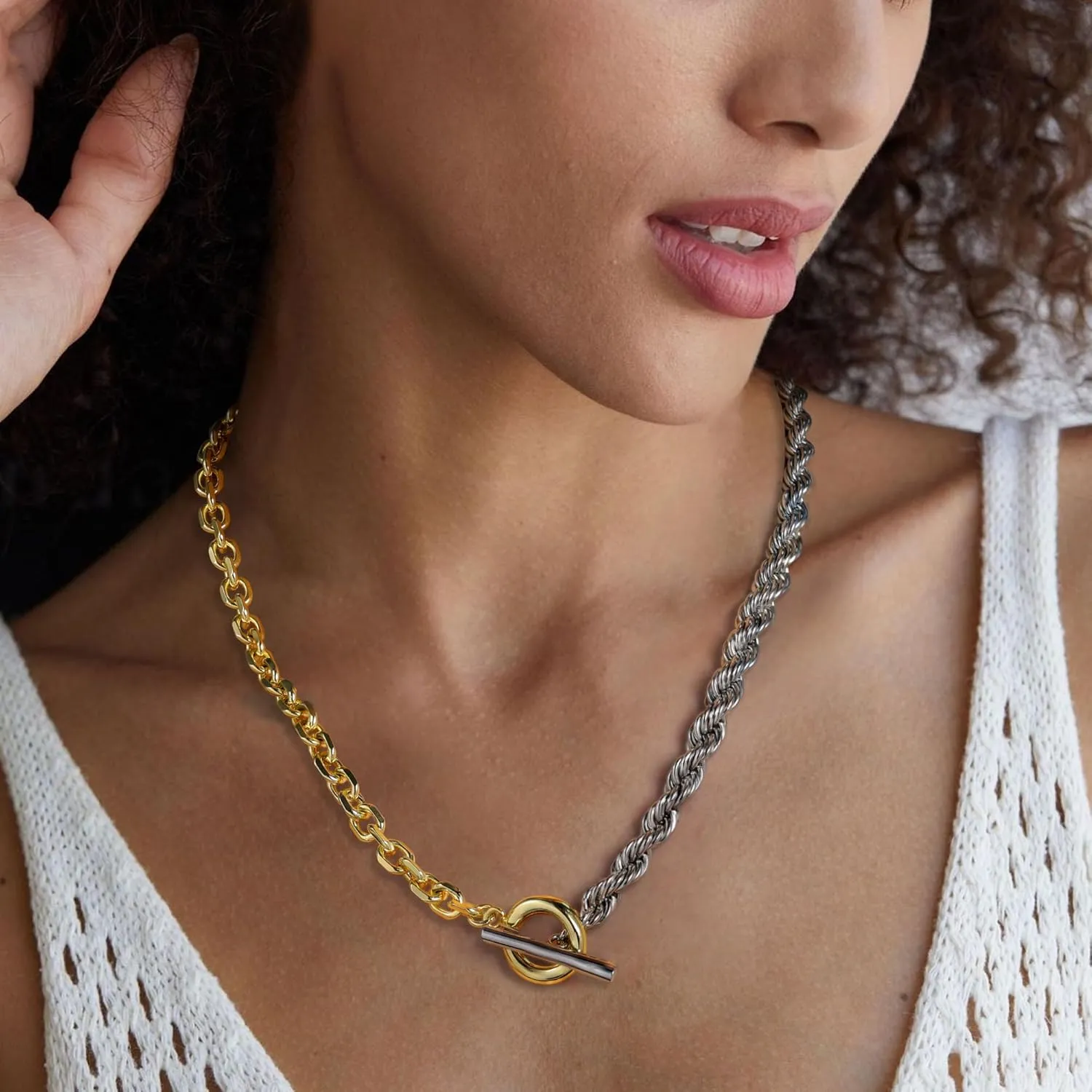 Wire Cable Necklaces for Women, Two Tone Link Chain Necklaces Circles Gold and Silver Adjustable Necklaces Classic Designer Costume Jewelry for Women Gifts