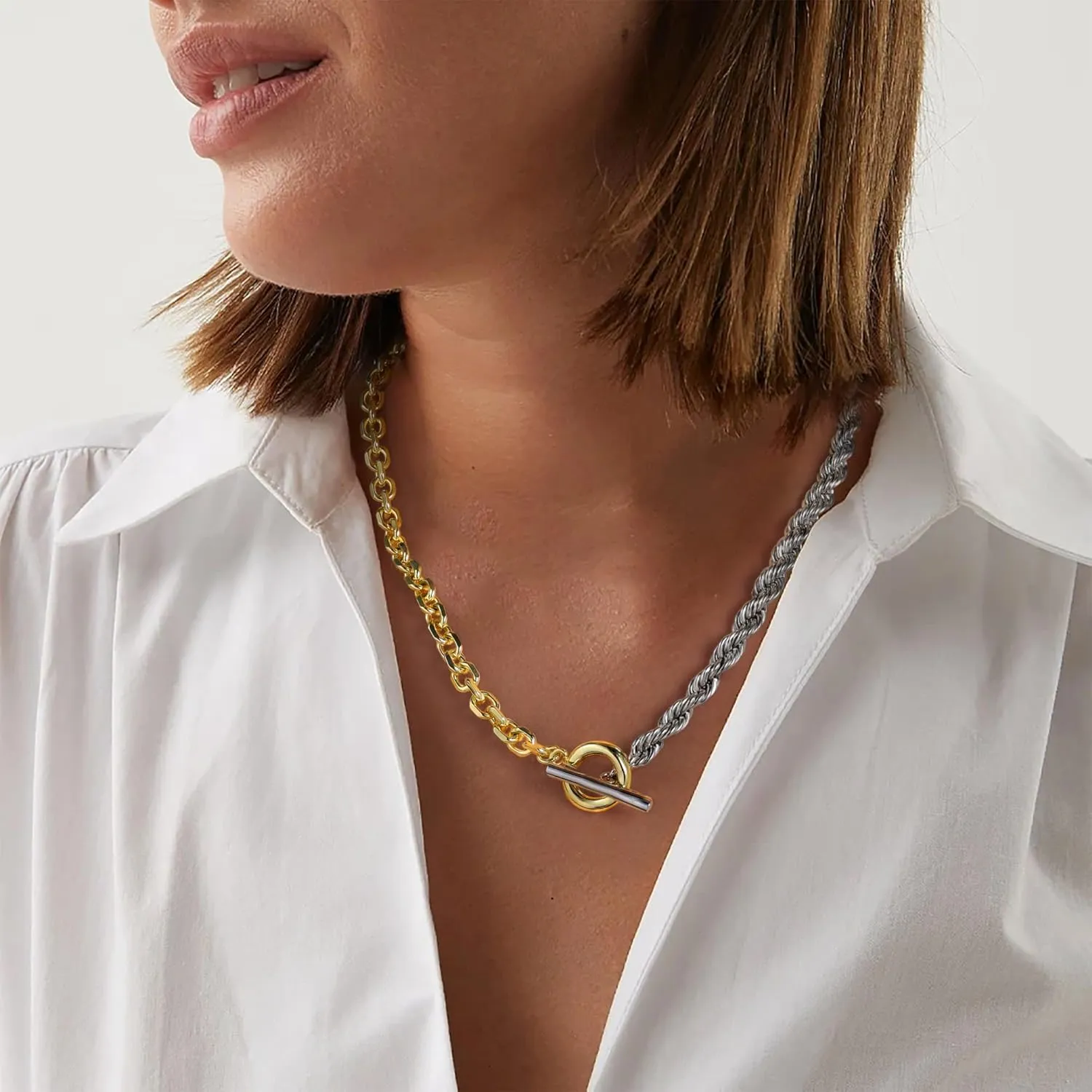 Wire Cable Necklaces for Women, Two Tone Link Chain Necklaces Circles Gold and Silver Adjustable Necklaces Classic Designer Costume Jewelry for Women Gifts