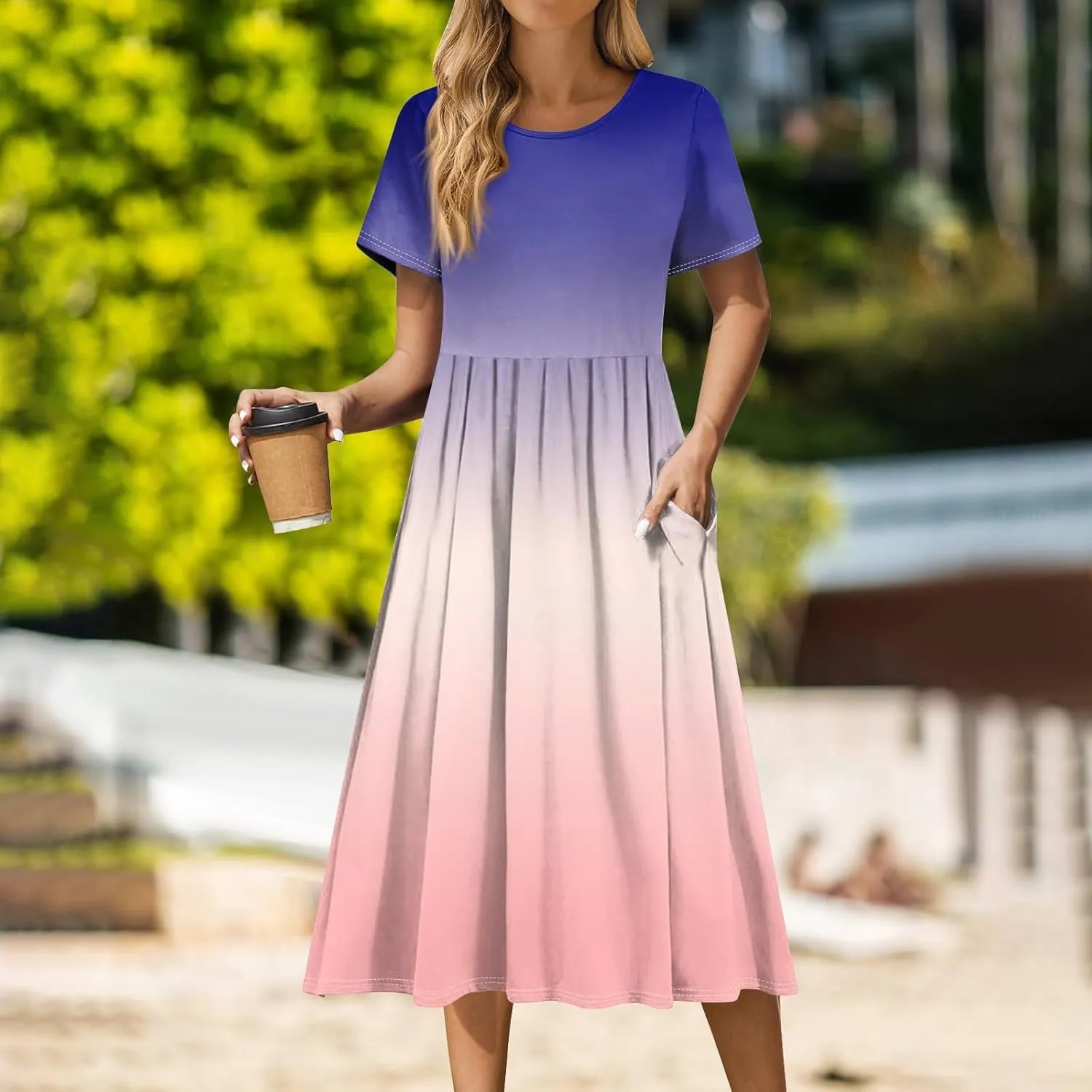 Women 2025 Summer Short Sleeve Midi Dress with Pockets Casual Aline Flowy Tshirt Dress Floral Vocation Beach Sundress