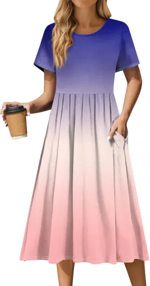 Women 2025 Summer Short Sleeve Midi Dress with Pockets Casual Aline Flowy Tshirt Dress Floral Vocation Beach Sundress