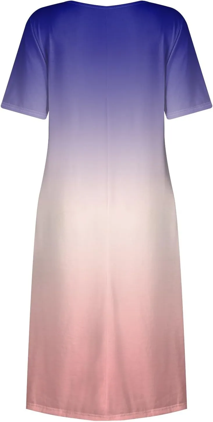 Women 2025 Summer Short Sleeve Midi Dress with Pockets Casual Aline Flowy Tshirt Dress Floral Vocation Beach Sundress