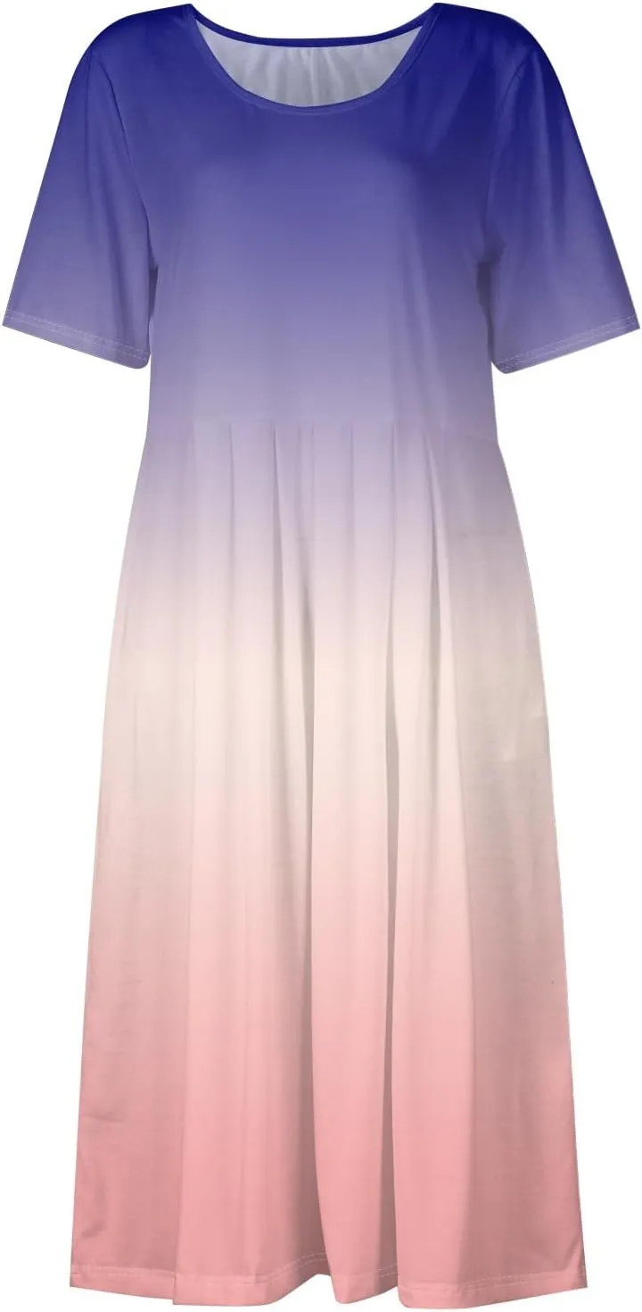 Women 2025 Summer Short Sleeve Midi Dress with Pockets Casual Aline Flowy Tshirt Dress Floral Vocation Beach Sundress