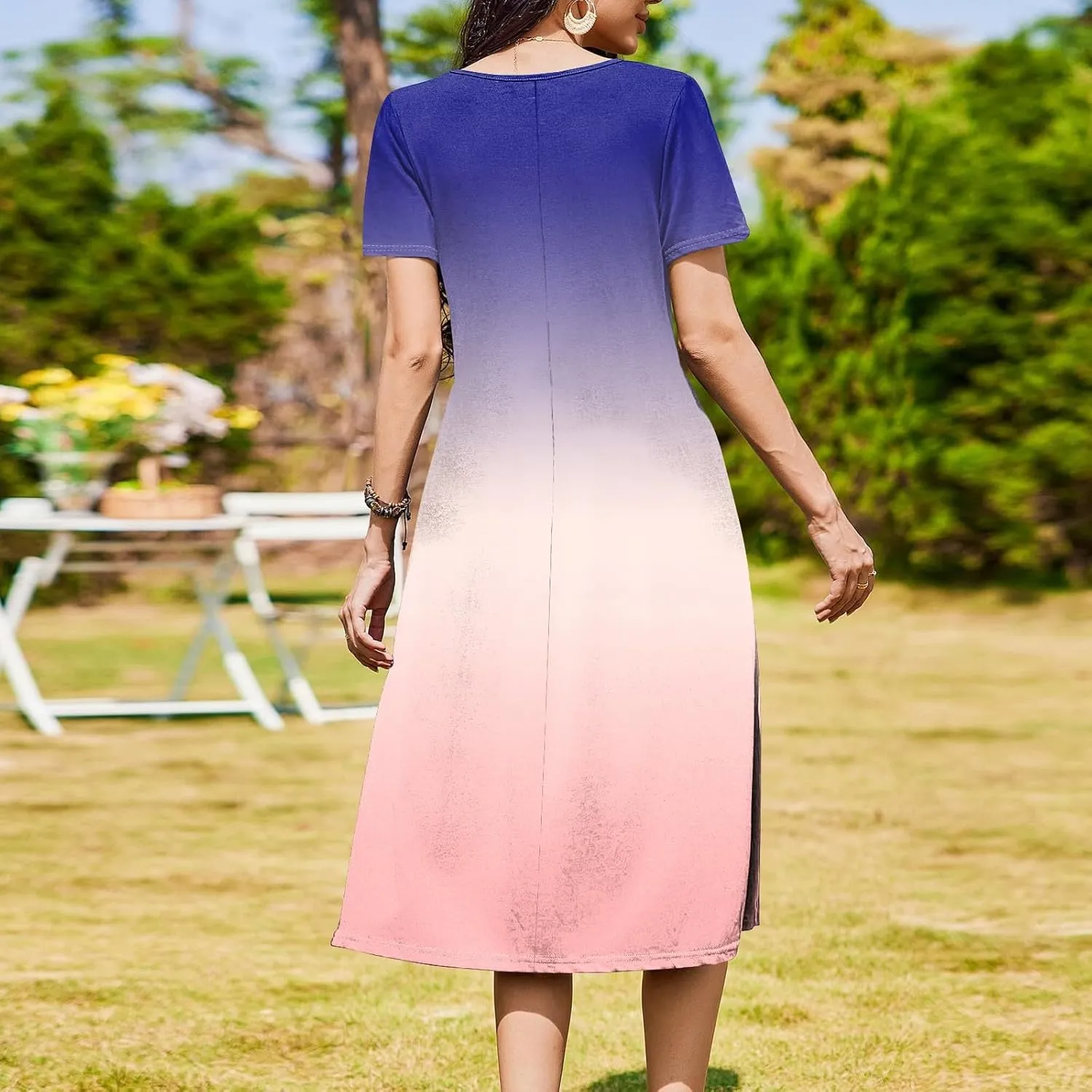 Women 2025 Summer Short Sleeve Midi Dress with Pockets Casual Aline Flowy Tshirt Dress Floral Vocation Beach Sundress