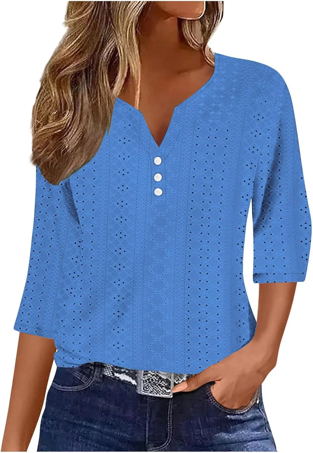 Women' 3/4 Sleeve Tops Notch V Neck Casual Shirts Lightweight Breathable Trendy Summer Beach Tunic Shirt Travel Tees