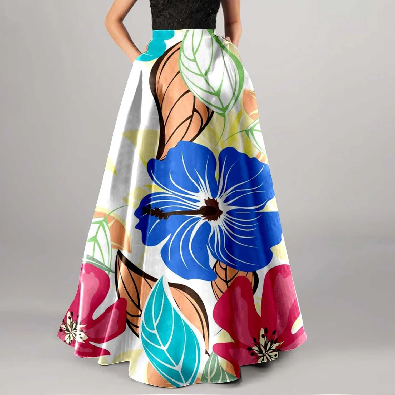 Women African Printed Maxi Skirt Flared Skirt a Line Long Skirts Vintage Pleated Skirt Floral Long Dresses with Pockets