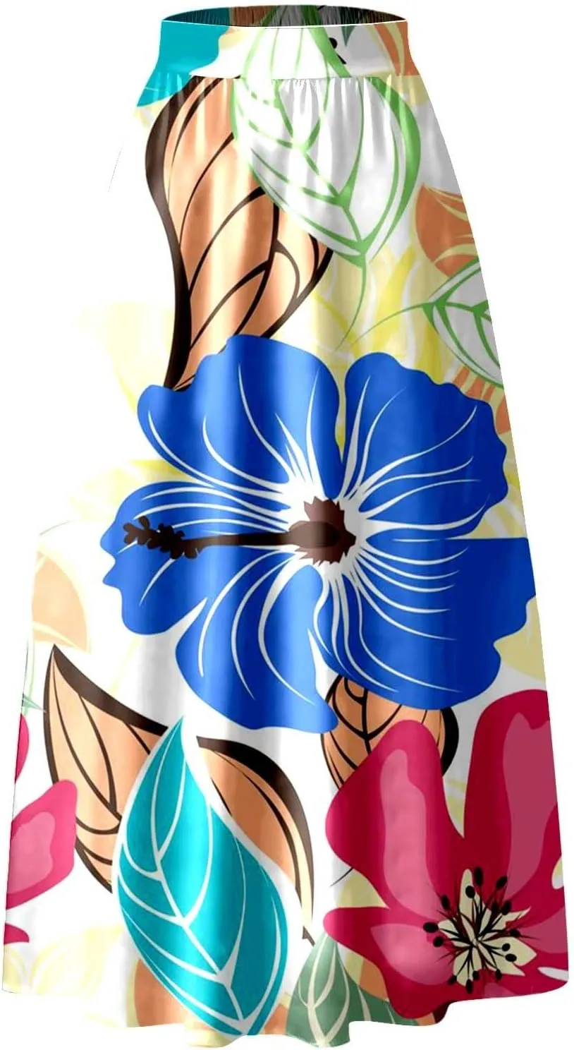 Women African Printed Maxi Skirt Flared Skirt a Line Long Skirts Vintage Pleated Skirt Floral Long Dresses with Pockets