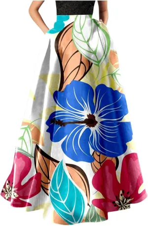 Women African Printed Maxi Skirt Flared Skirt a Line Long Skirts Vintage Pleated Skirt Floral Long Dresses with Pockets