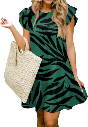 Women Babydoll Summer Casual Crew Neck Ruffle Sleeve Sleeveless Flowy Mini Short Tunic Dress Floral Print Pleated Dress5-Dark Green,XX-Large