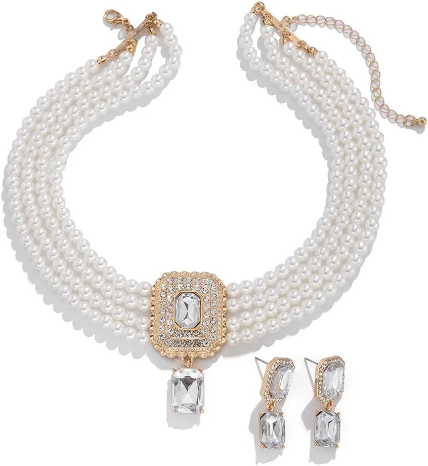 Women Boho 1920s Pearls Choker Necklaces Earrings Set Gold Silver Green Pearls Layered Choker Necklaces Black Multilayer Rhinestones Layering Necklaces for Women