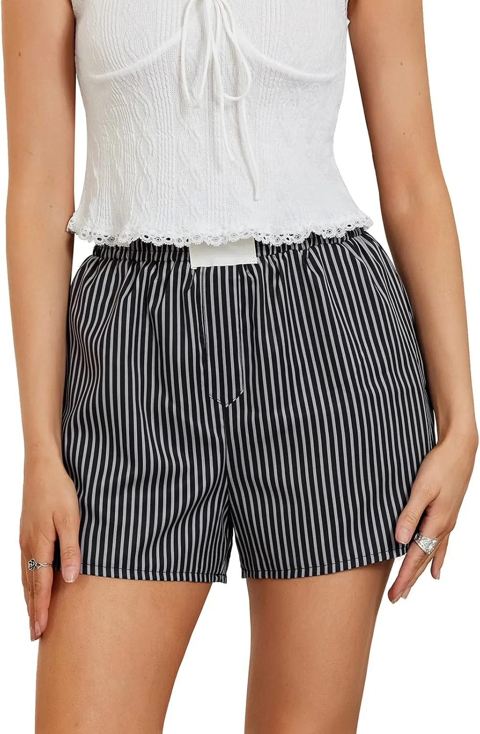 Women Boxer Shorts Stripe Plaid Print Elastic Mid Rise Lounge Shorts Comfy Pajama Shorts Y2K Gingham Shorts Streetwear