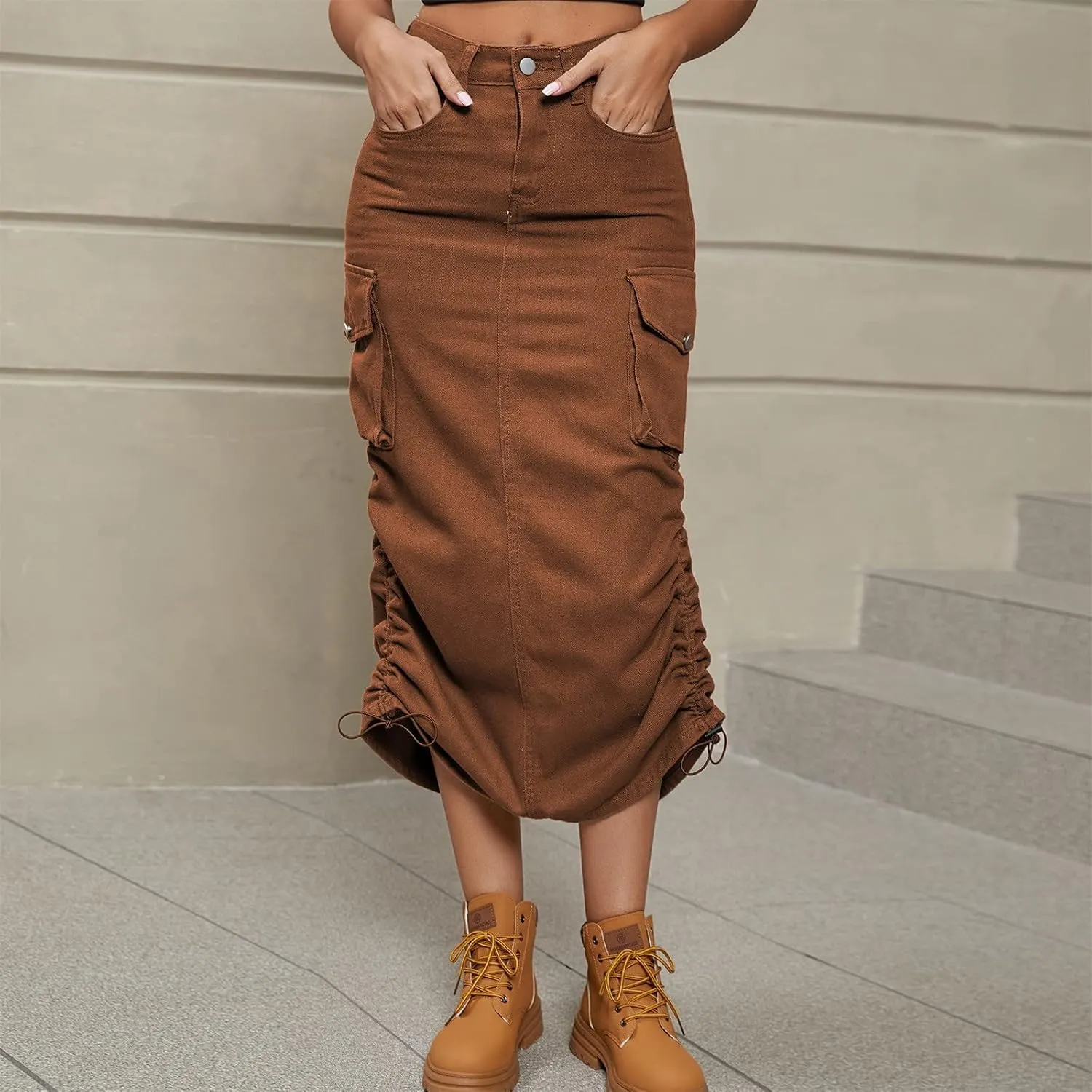 Women Cargo Midi Denim Skirt High Waisted Skirts Denim Skirt with Pocket Beach A Line Dress Pencil Skirts for