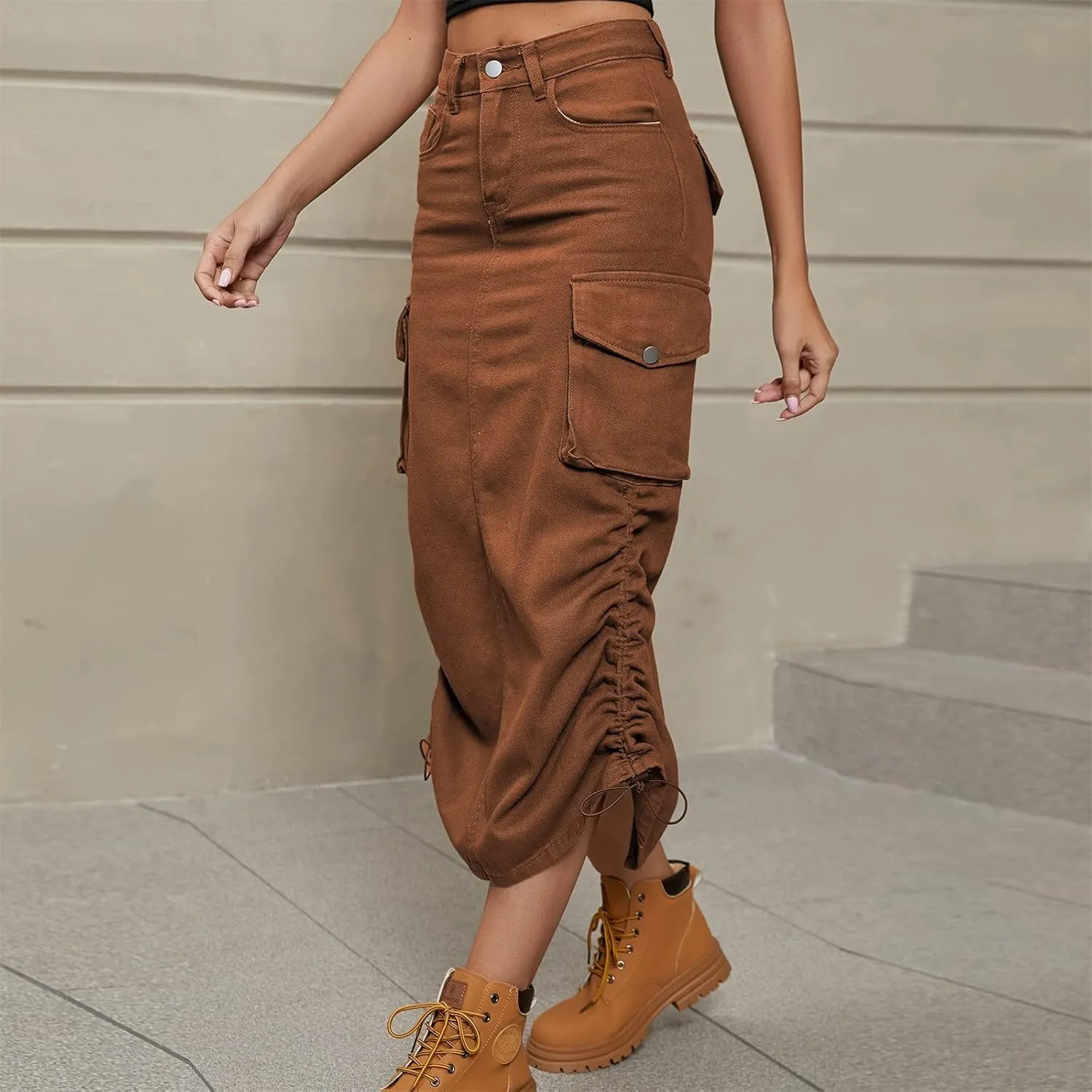 Women Cargo Midi Denim Skirt High Waisted Skirts Denim Skirt with Pocket Beach A Line Dress Pencil Skirts for