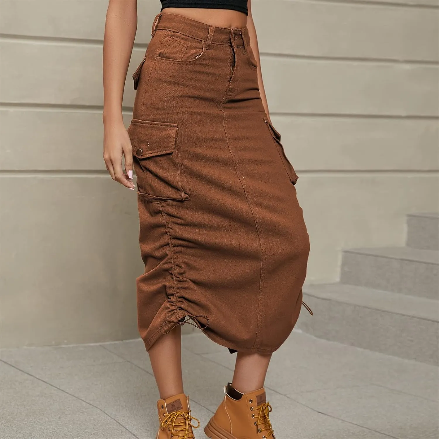 Women Cargo Midi Denim Skirt High Waisted Skirts Denim Skirt with Pocket Beach A Line Dress Pencil Skirts for