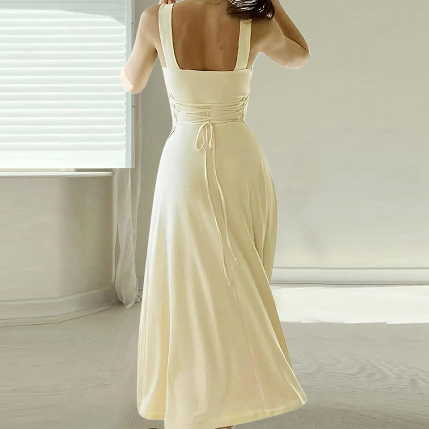 Women Casual Summer Dress Pleated Sundress Loose Split Tank Dress Long Beach Travel 2025 Vacation Dress