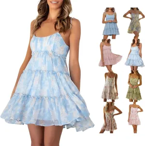 Women Floral Mini Dress Spaghetti Strap Ruffle Tiered Dress, Sexy Sleeveless Ruffle Flowy Swing Tiered Dresses