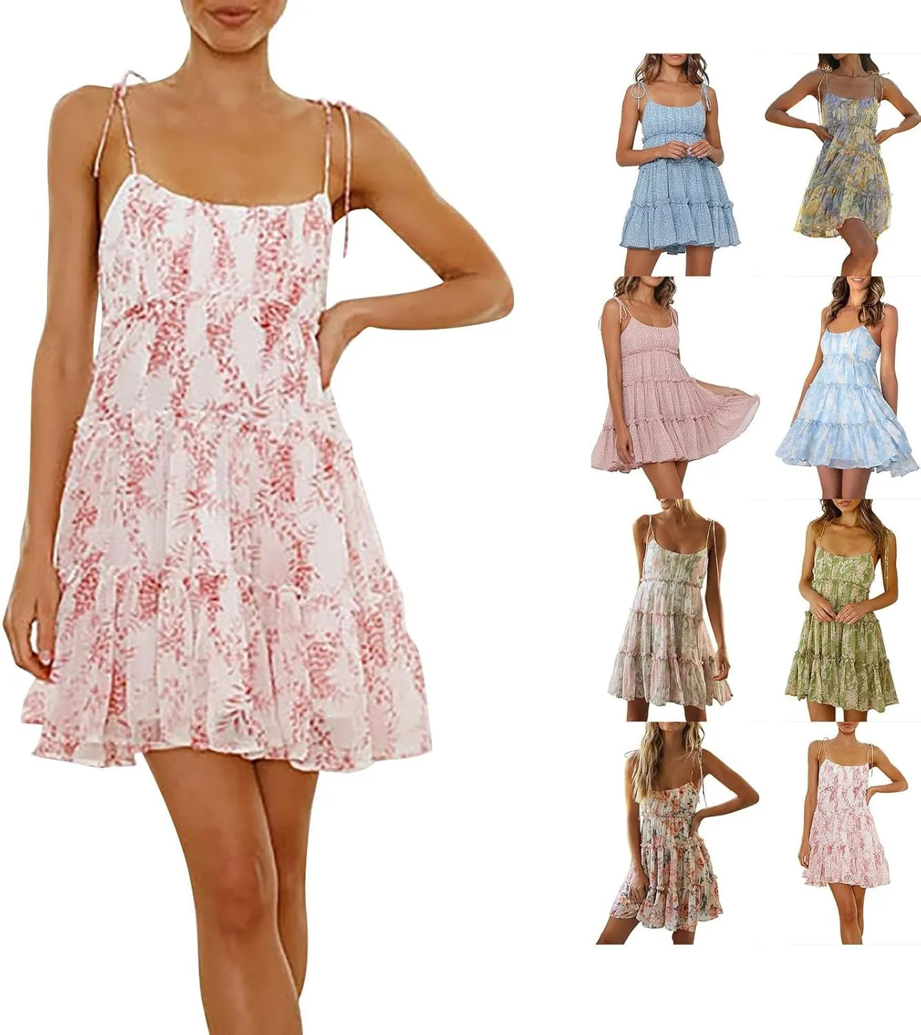 Women Floral Mini Dress Spaghetti Strap Ruffle Tiered Dress, Sexy Sleeveless Ruffle Flowy Swing Tiered Dresses