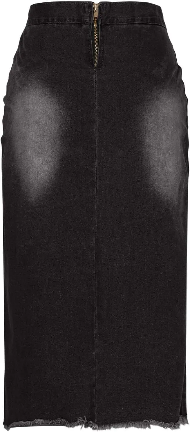 Women Lace-Up Front Split Denim Dressy High Waist Jean Pencil Skirts Fashion Distressed Raw Hem Slim Fit Midi Skirt